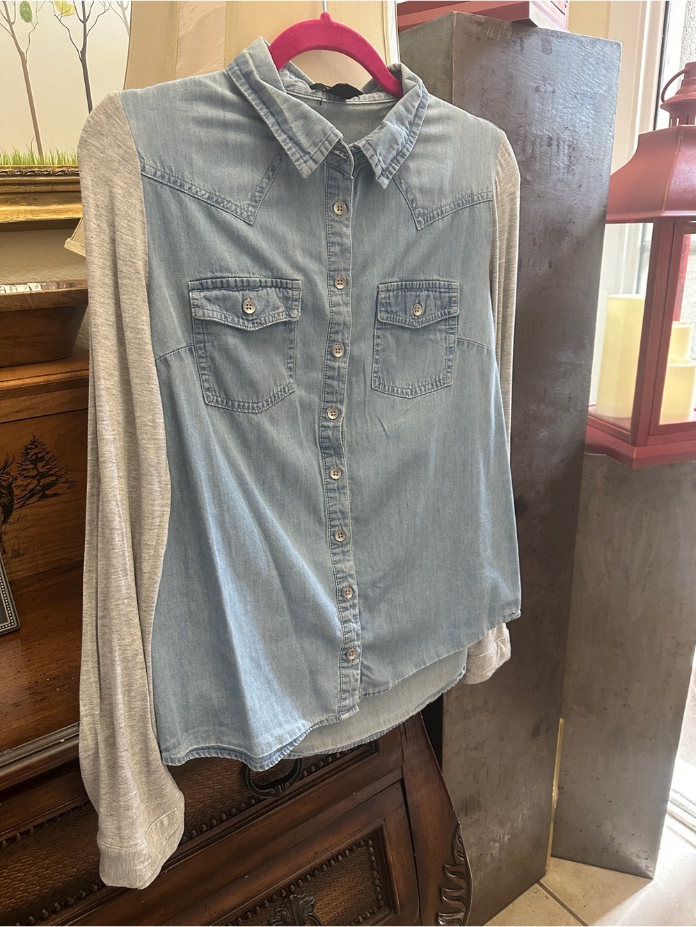 Forever 21 Light Blue Denim Shirt with Light Gray Sleeves - Women's Button-Down